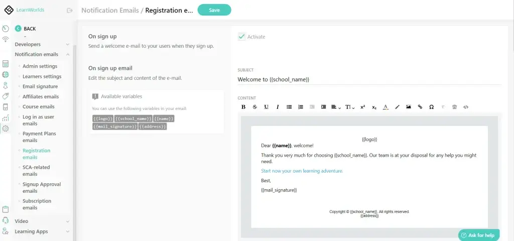 notification emails settings screenshot - LearnWorlds