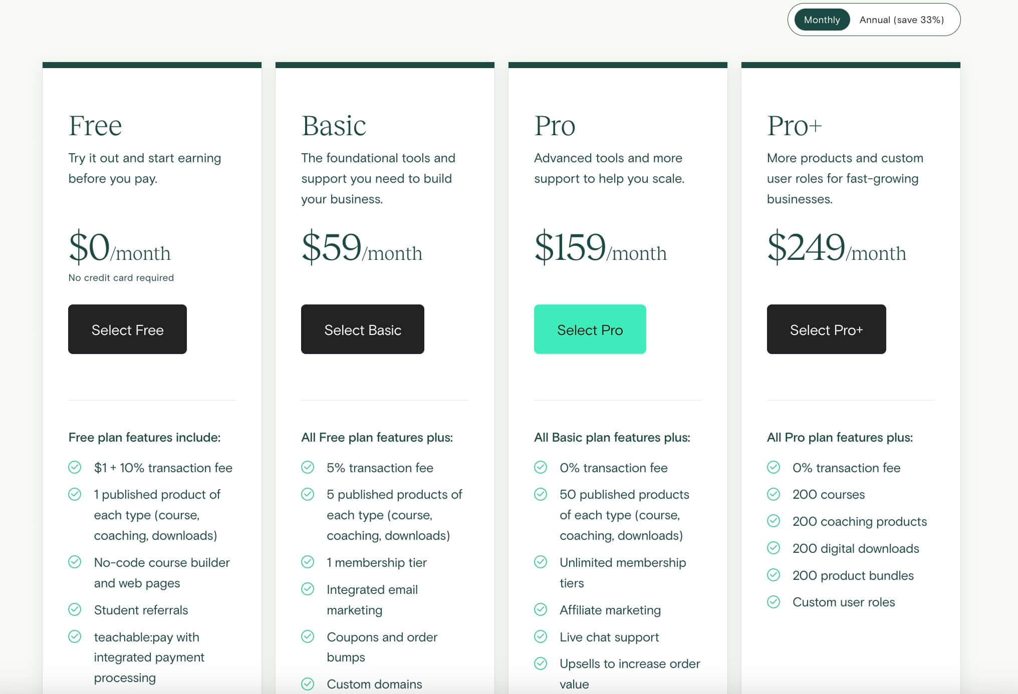 an image of Teachable's pricing plans