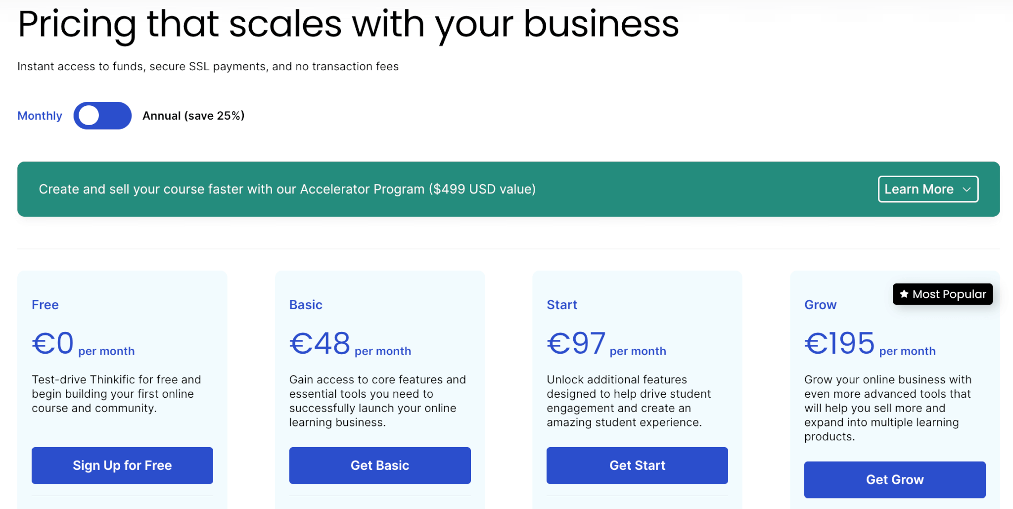 an image of Thinkific's pricing plans