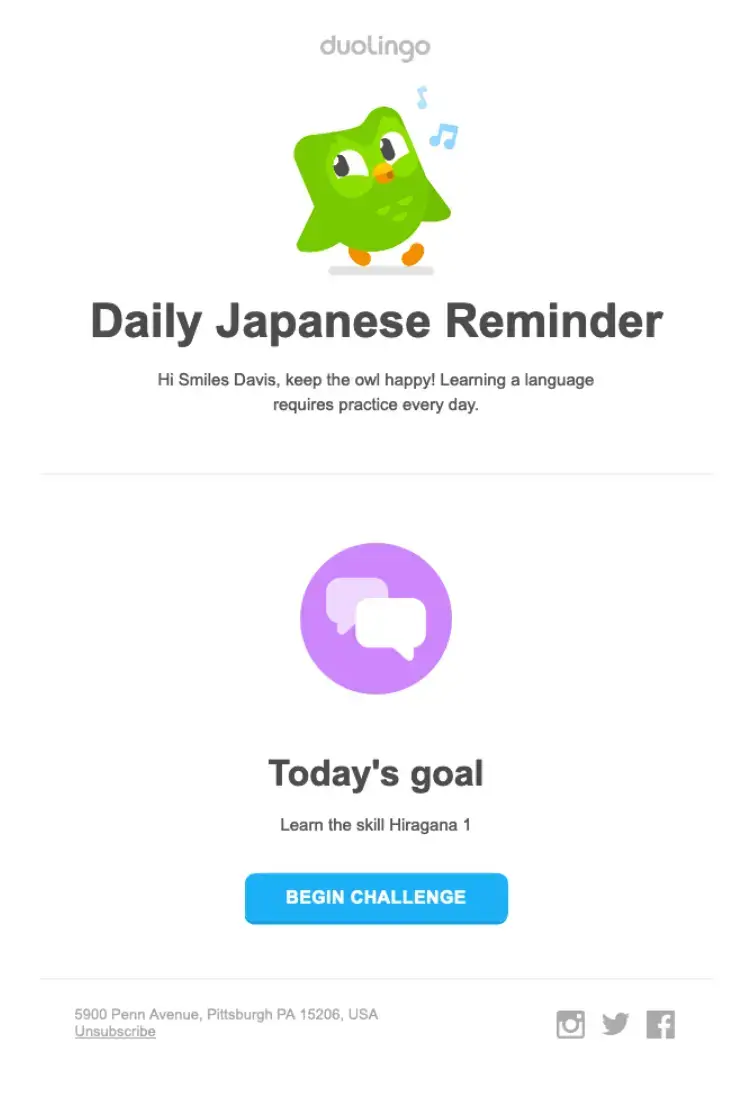 Learning email reminder example from Duolingo