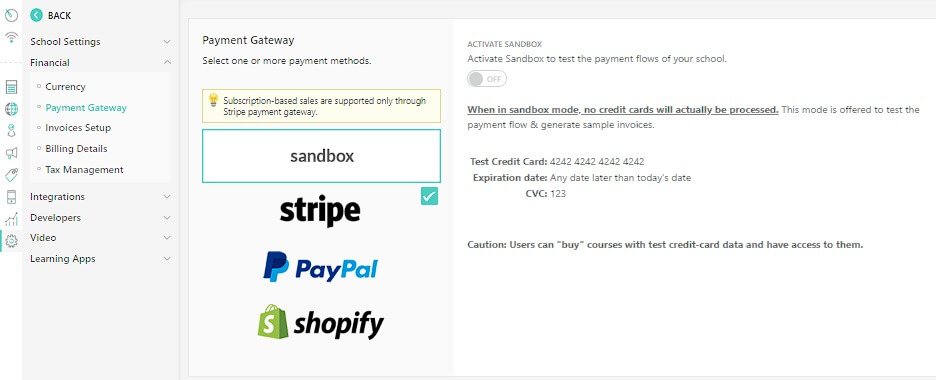 Payment gateways - settings - LearnWorlds screenshot