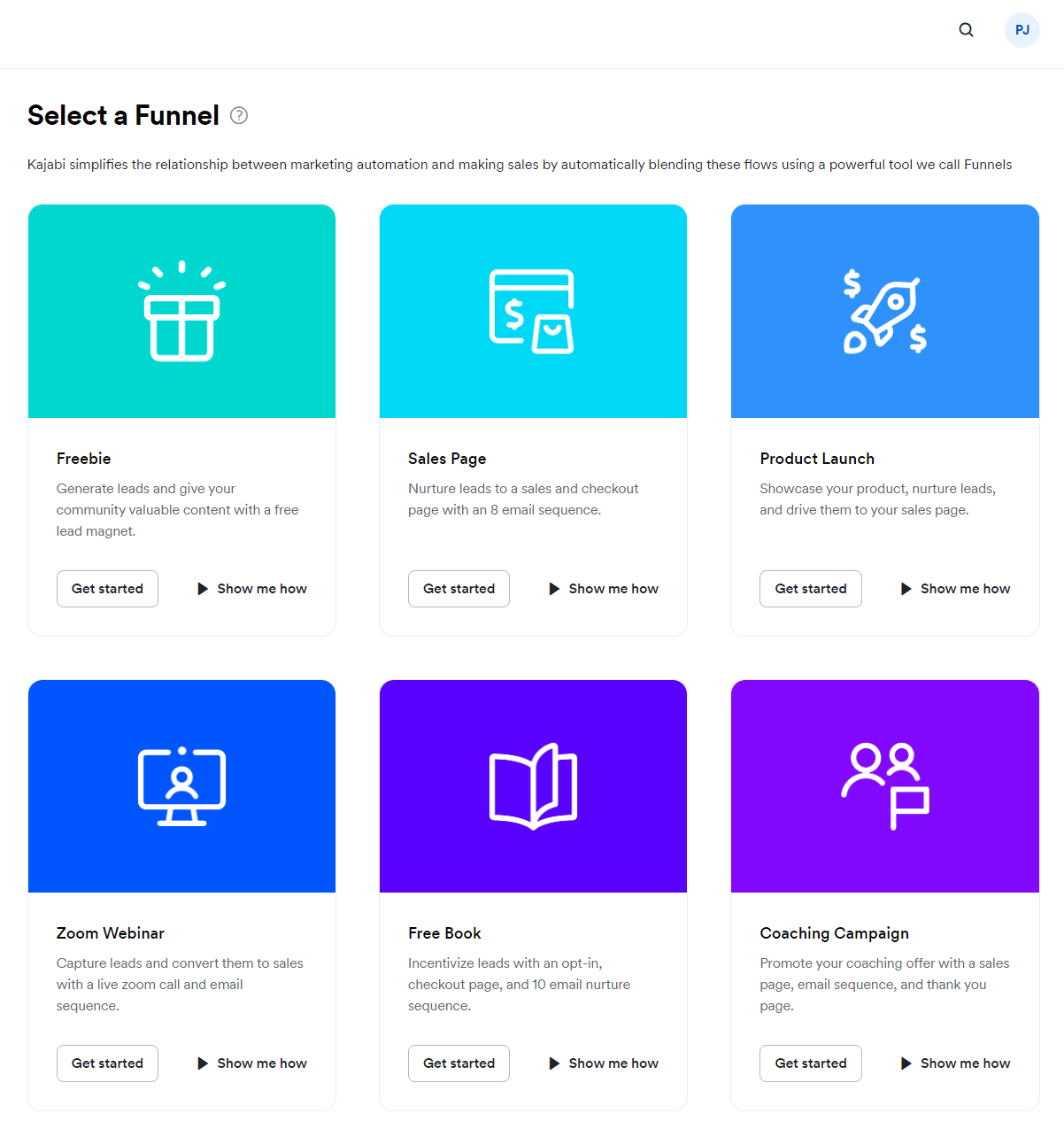 Kajabi's funnel templates showing different options for pre-build funnels.