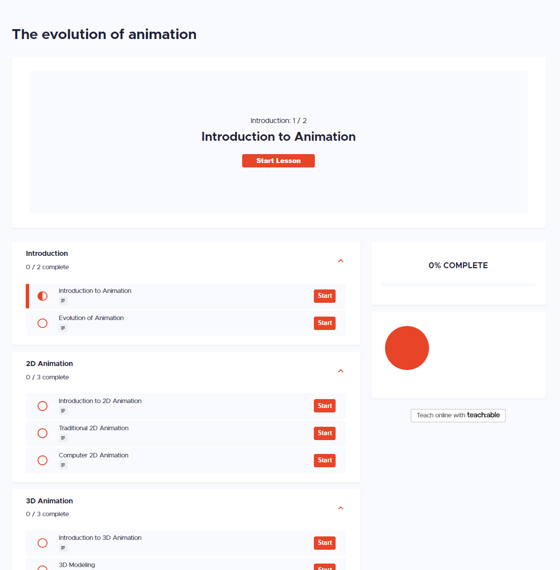 Teachable's course player, how it looks to a user before adding images.