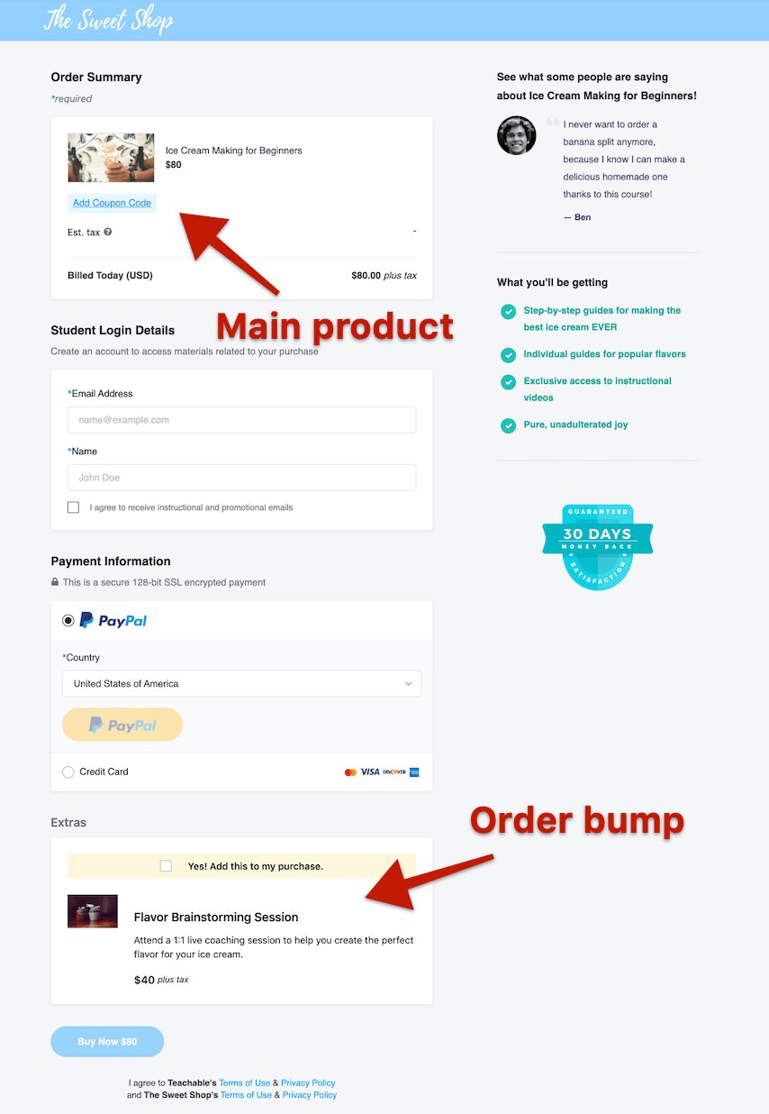 How to use Order Bumps on Teachable, how they look on the checkout page.