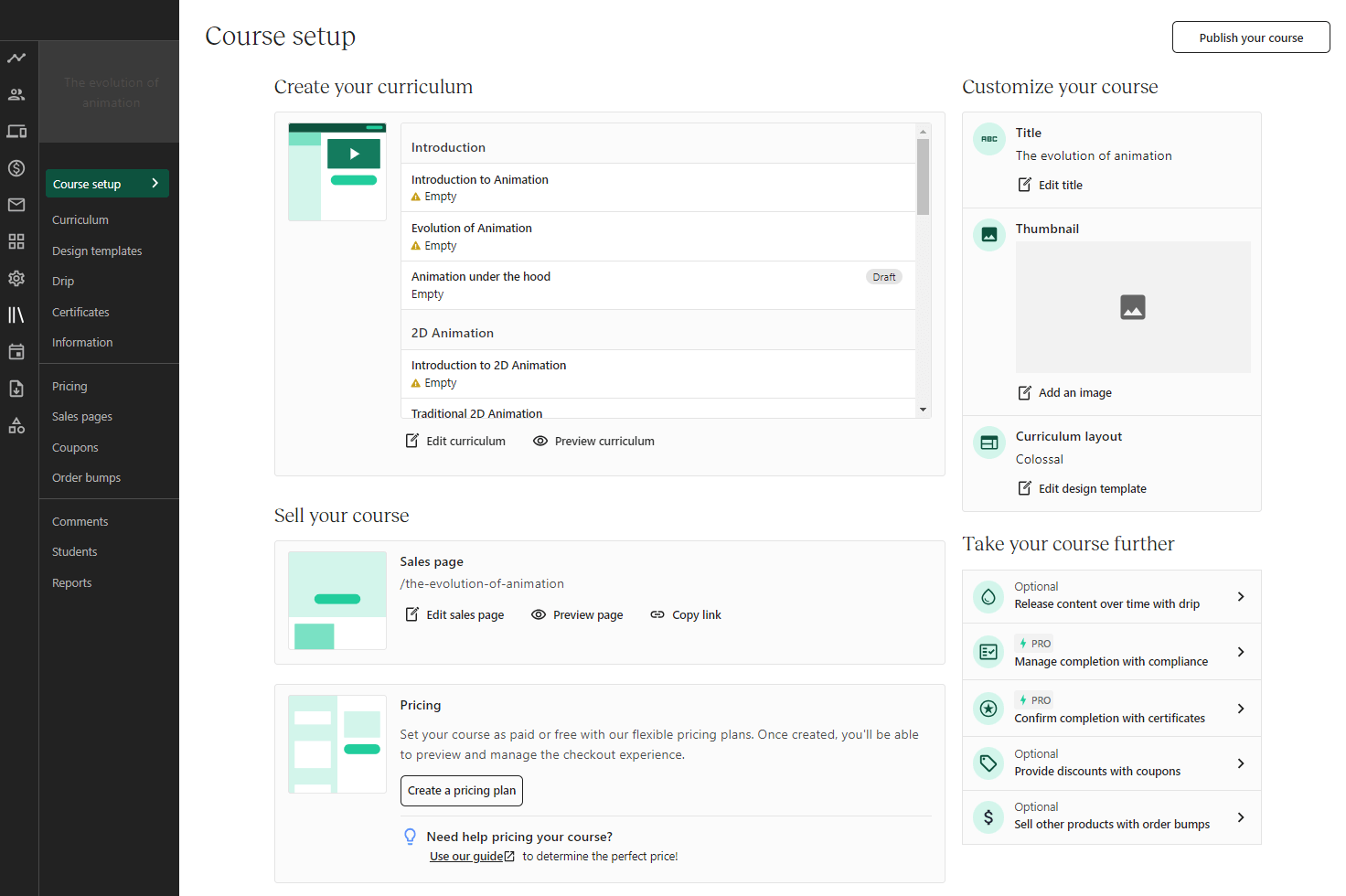 Setting up a course on Teachable, how it looks to the administrator when adding learning units and settings.