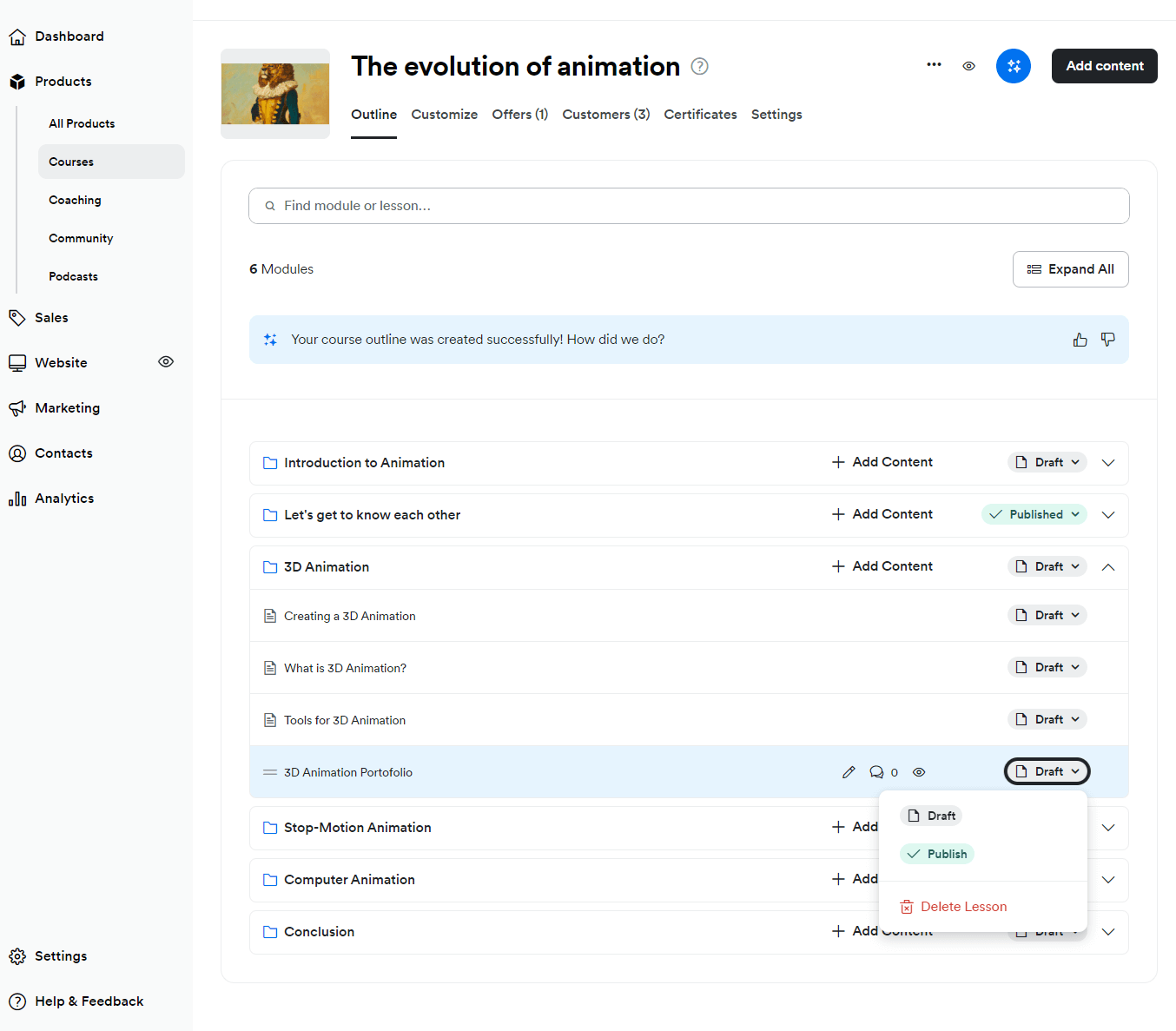 An example course on Kajabi showing different learning units, videos, and pdfs.