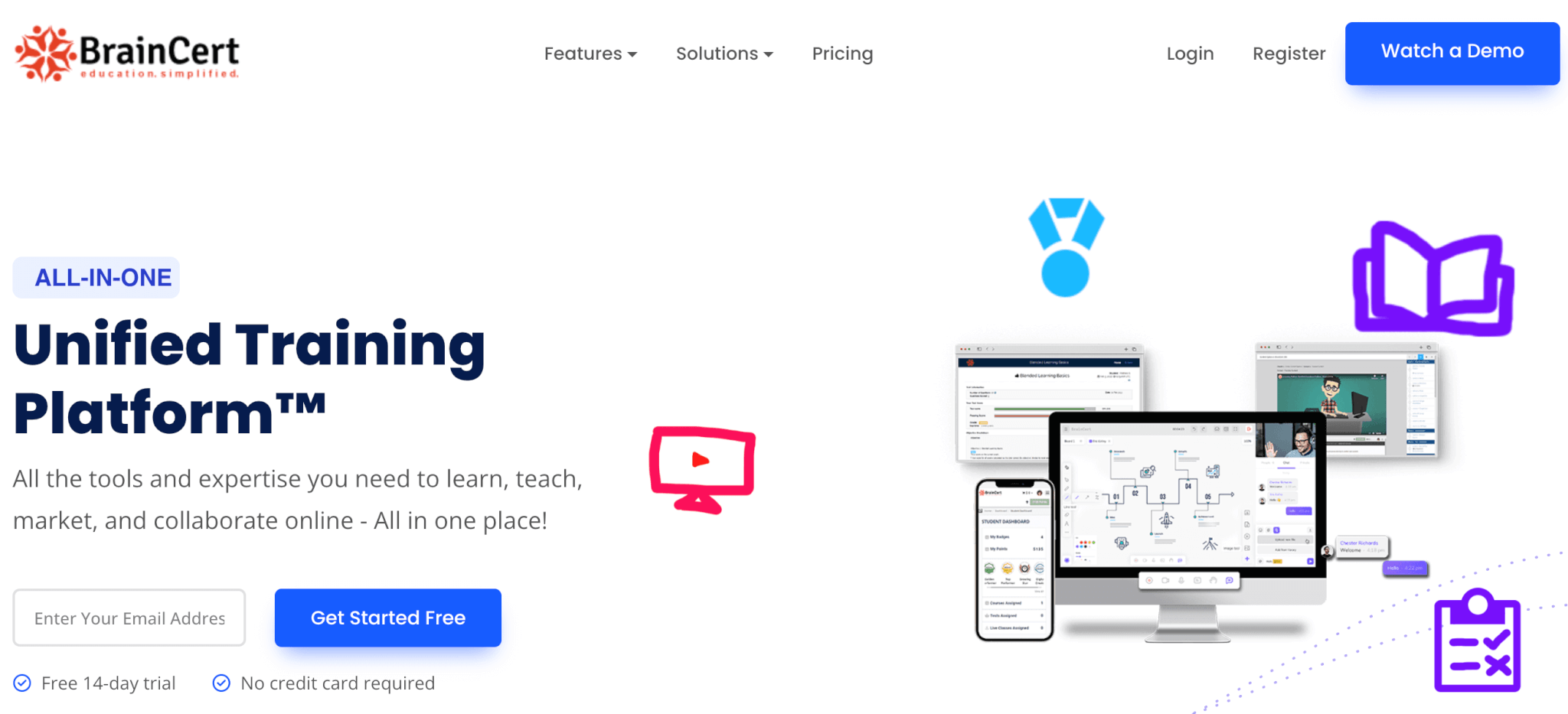an image of BrainCert's landing page showing several devices in white background