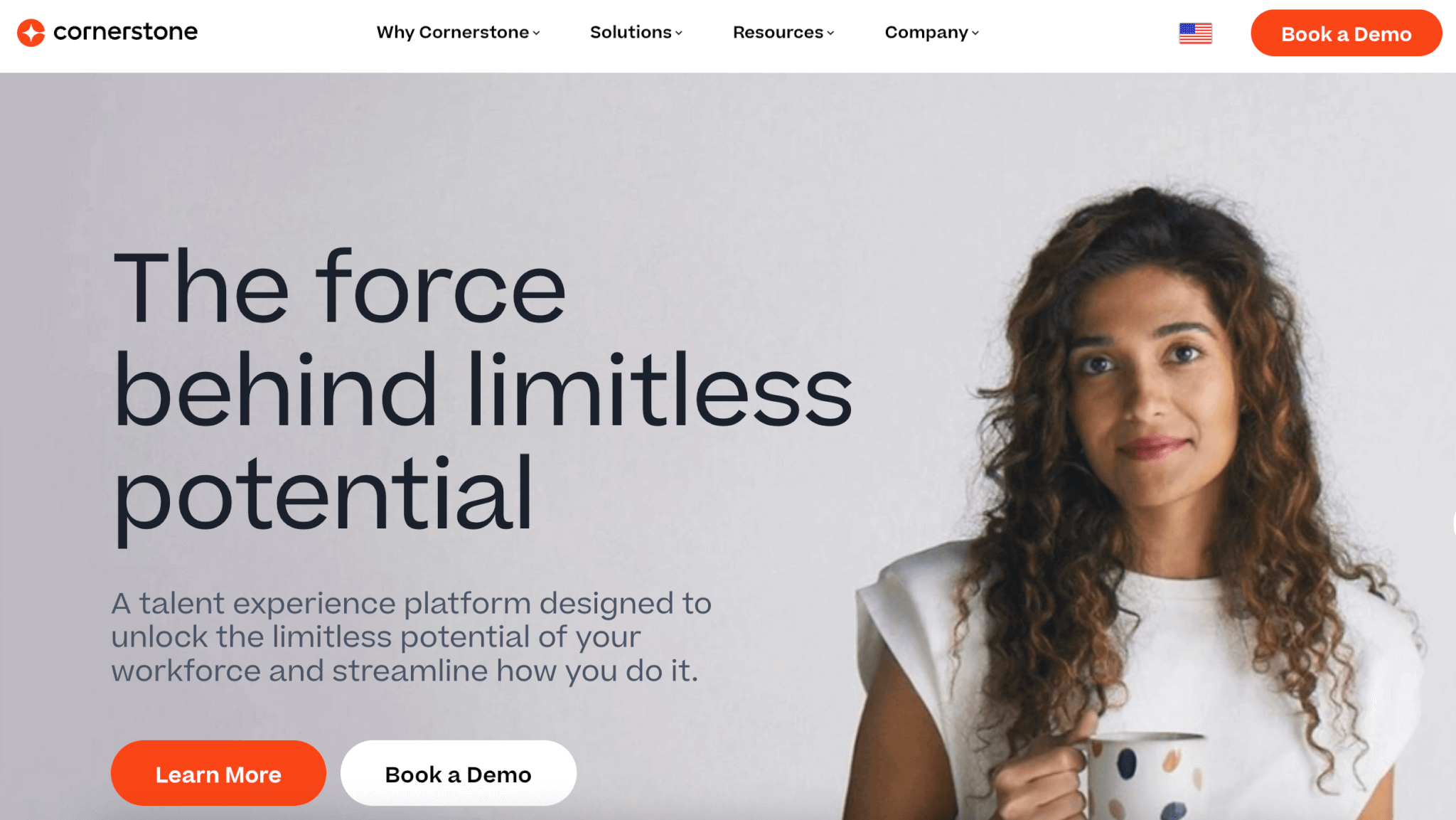 an image of Cornerstone Learning landing page showing a woman holding a cup