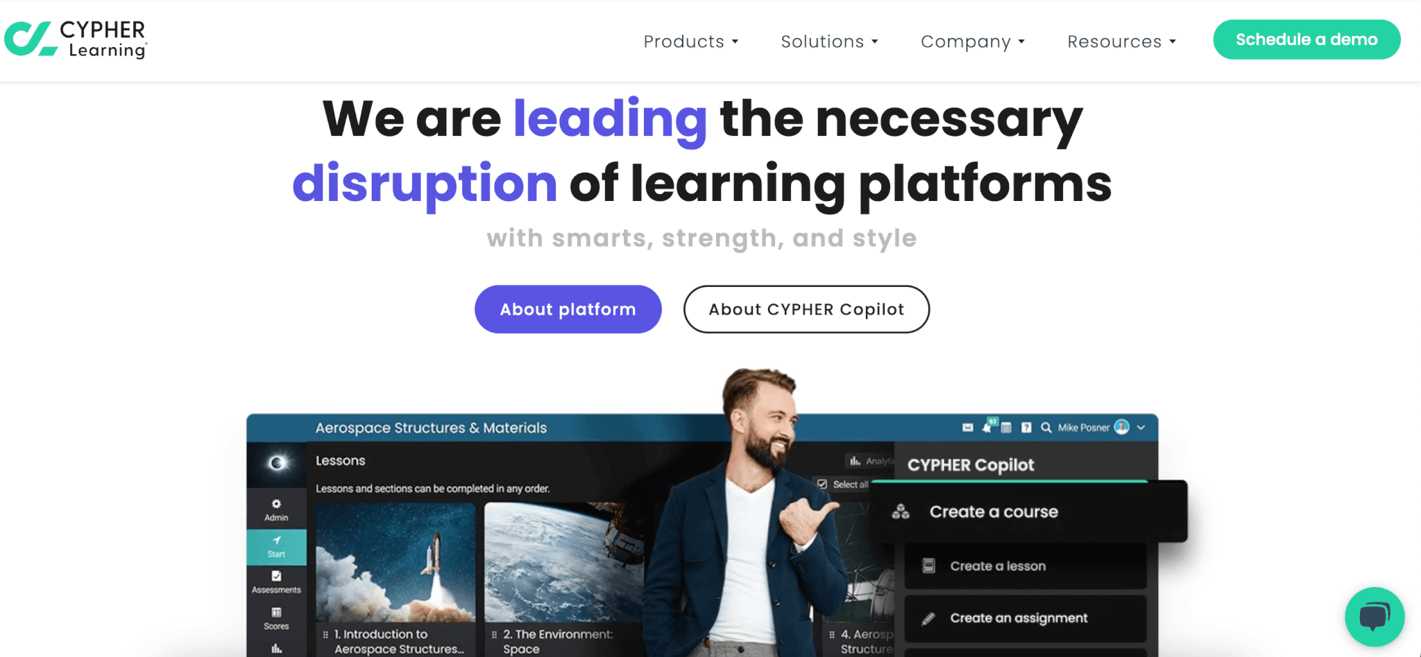an image of CYPHER LEARNING's landing page showing a man smiling and pointing to a screen