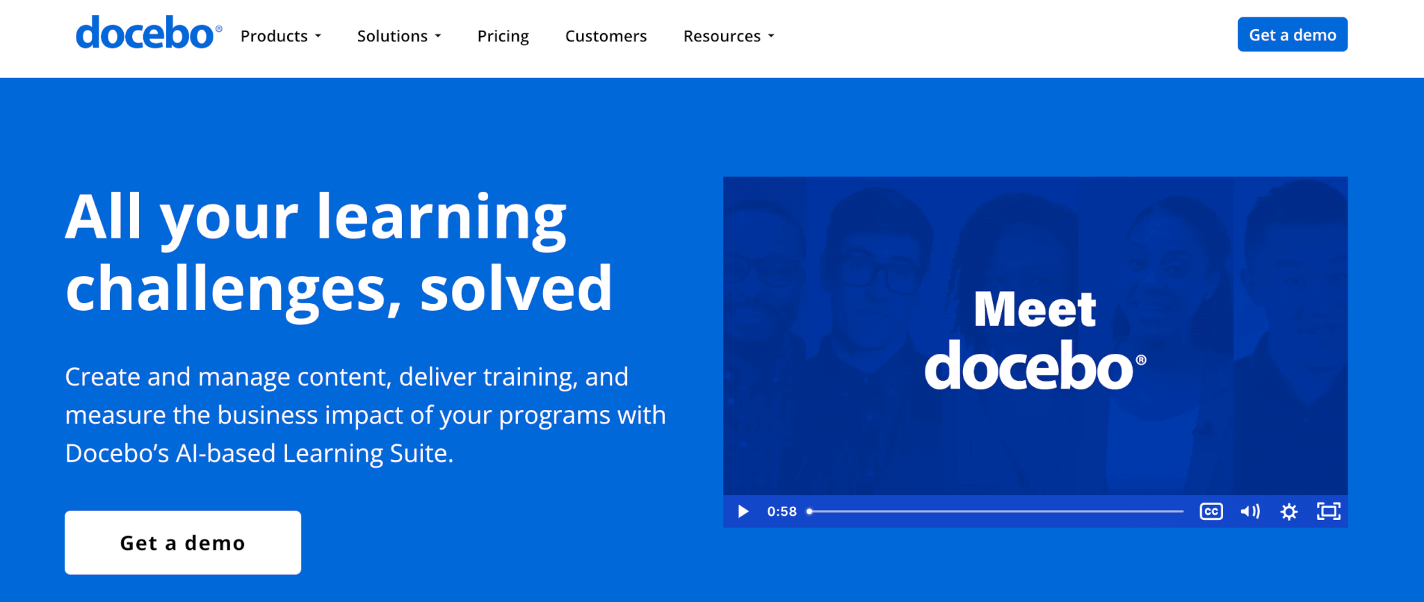 image of Docebo landing page in blue font describing the platform's key features