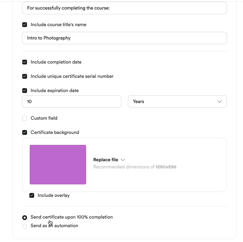 The various settings when setting up a certificate on Kajabi.