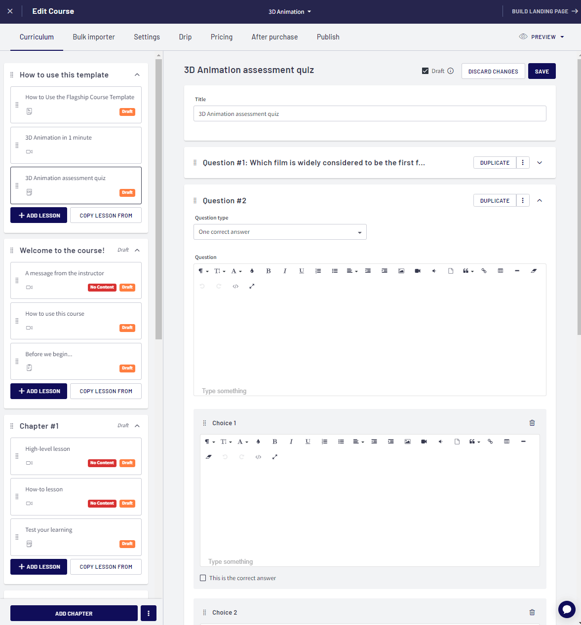 How to create a new quiz on Kajabi, showing the question and answers.