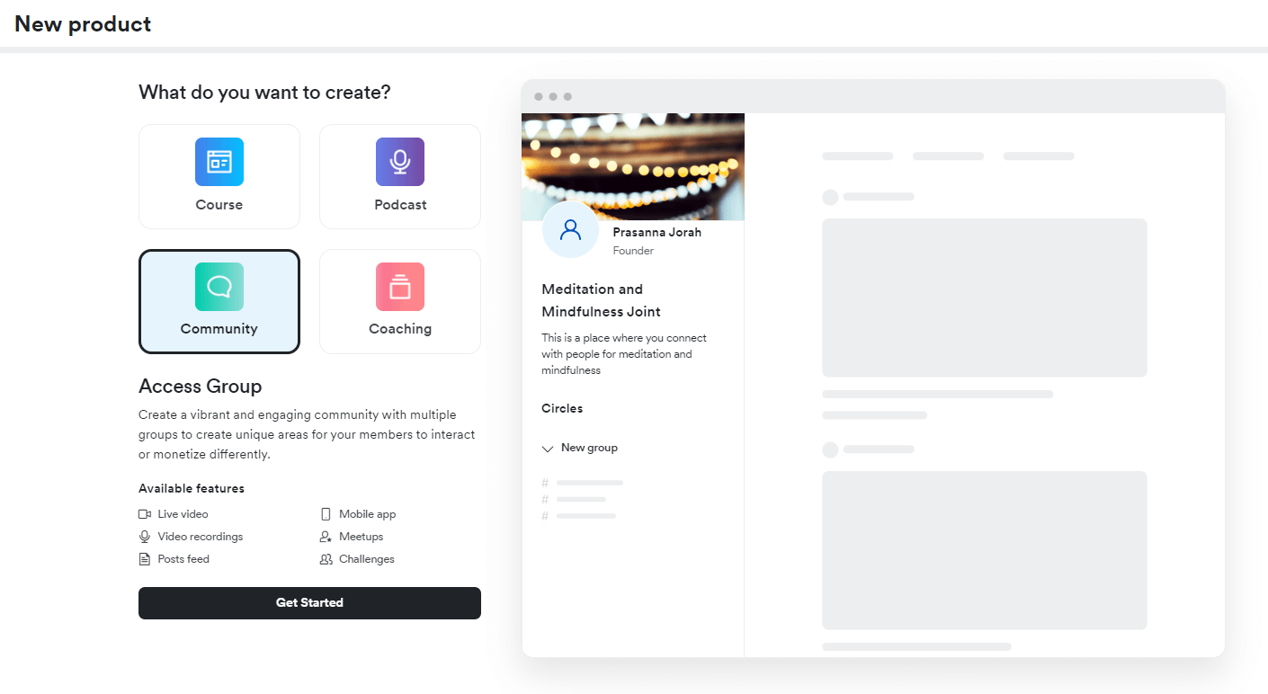 The option to create a community on Kajabi. Choosing screen.