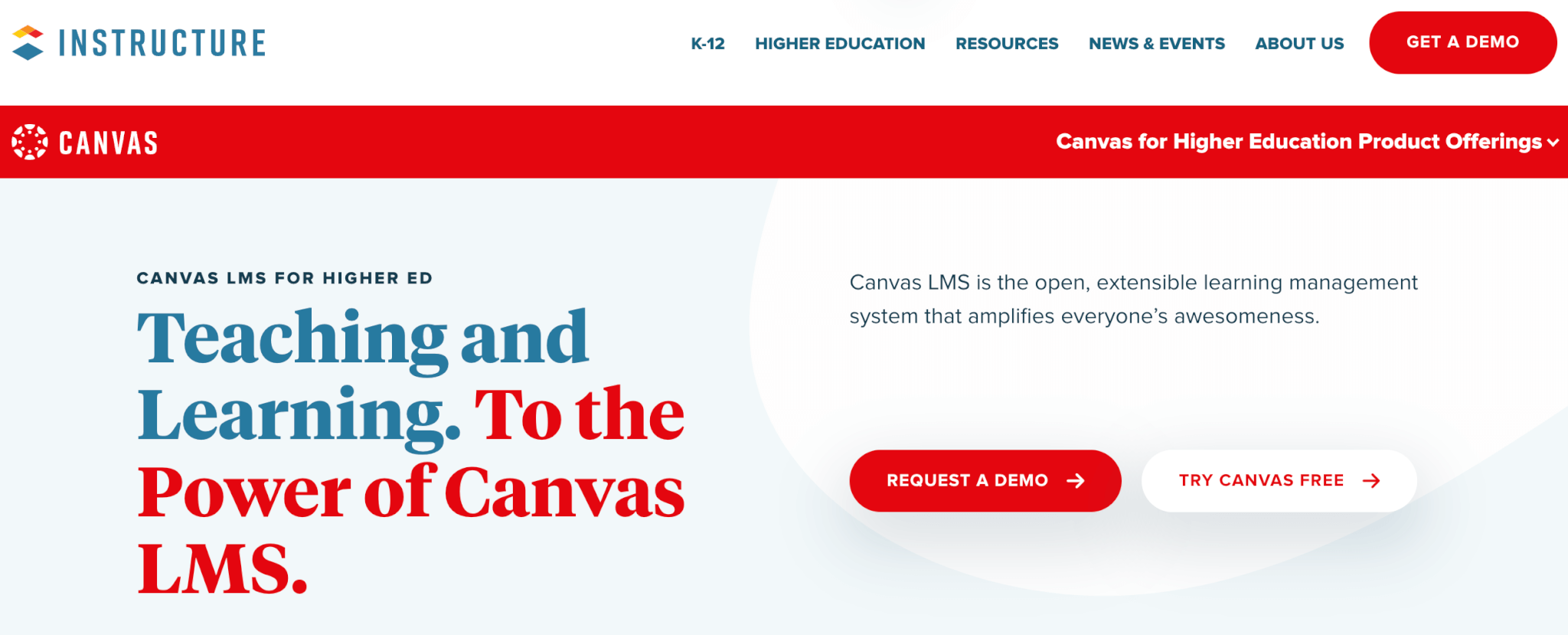 an image of Canvas LMS's landing page describing the platform