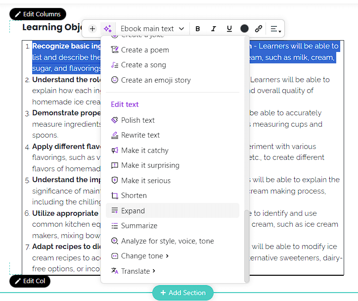 Editing text with AI, expanding, making it catchier, polishing the text and more.