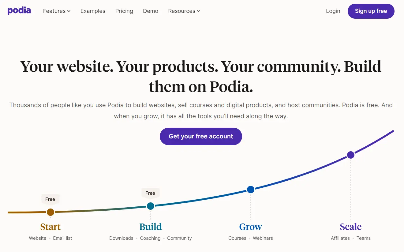 A screenshot of Podia's home page.
