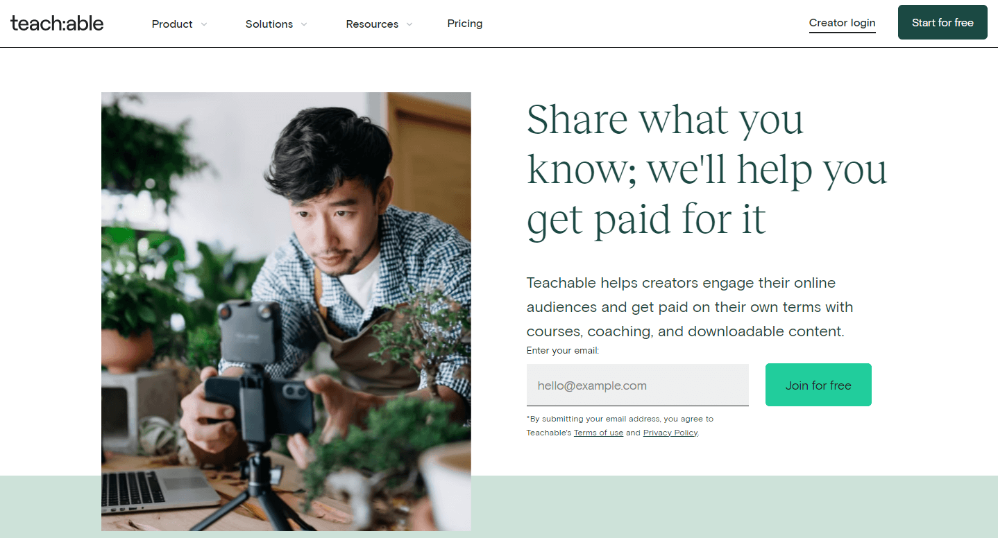 A screenshot of Teachable's home page.