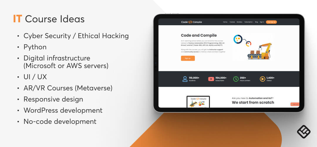 8 examples of IT courses and a screenshot of software courses from Code and Compile.