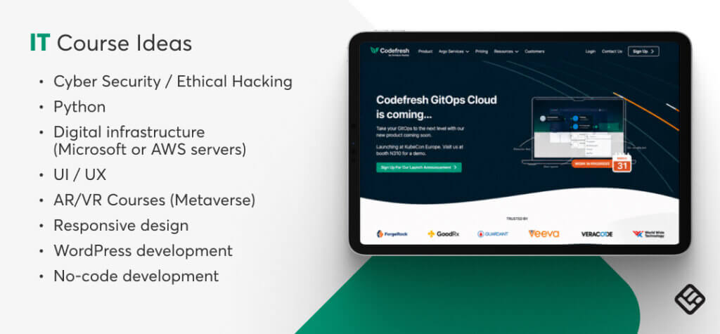 A visual showing IT course ideas and Codefresh as example in the laptop screen.