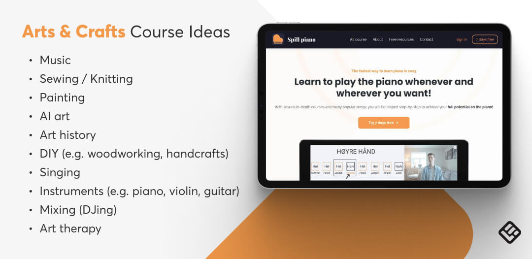 10 examples of arts and crafts courses and a screenshot from the translated home page of Spill Piano as an inspiration for music course ideas.