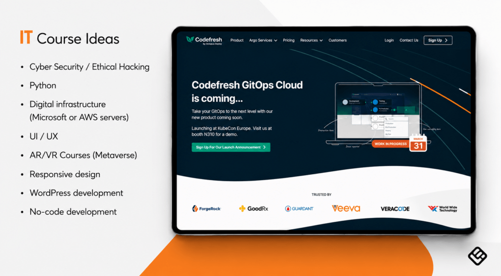 A visual showing IT course ideas that features Codefresh academy website as an example.