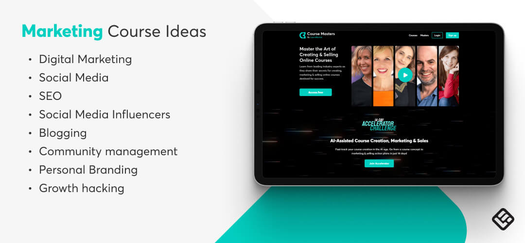 Marketing course from Course Masters, a screenshot of the home page as an example.