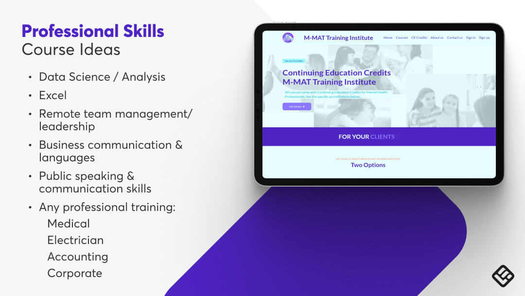 6 examples of professional skills courses and a screenshot of MMAT offering CPE credits.