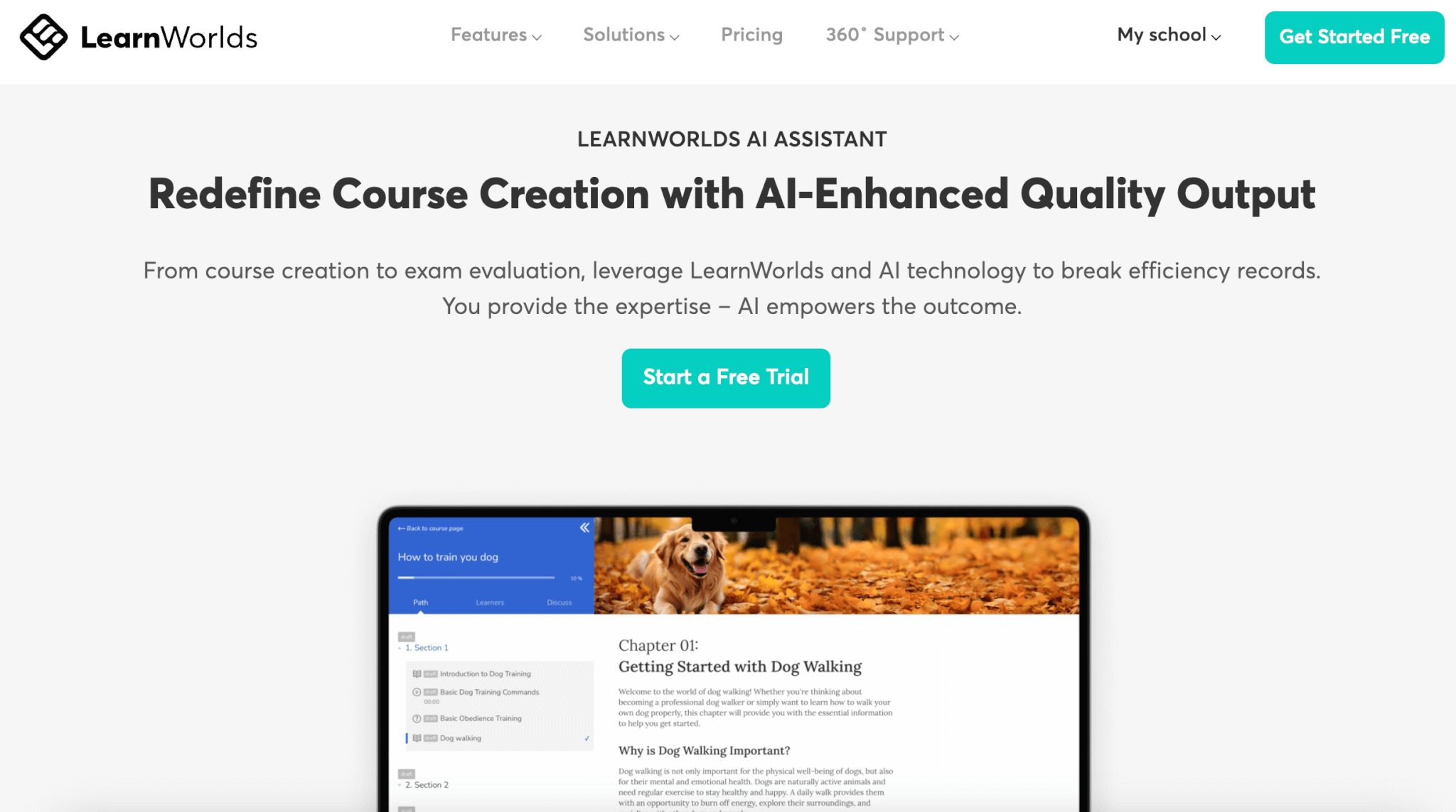 a screenshot of the LearnWorlds landing page showing a course outline created with AI