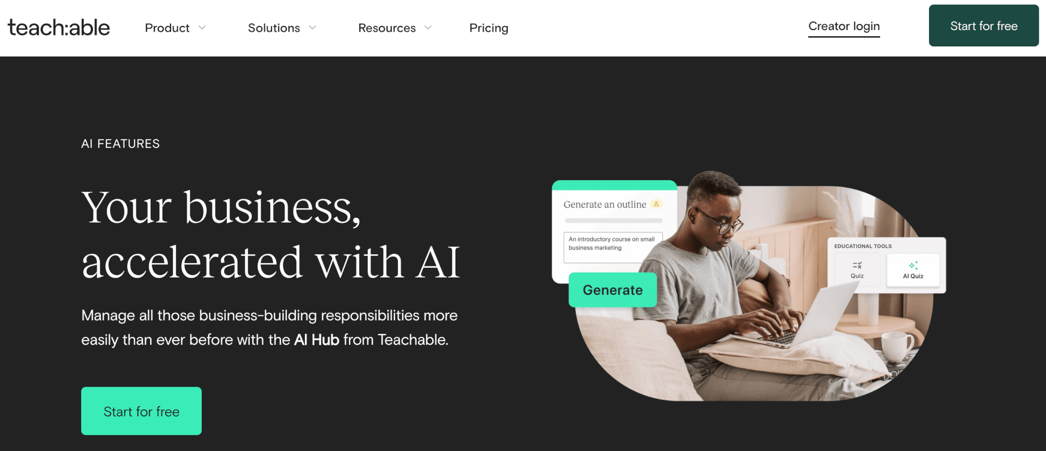 a screenshot of Teachable's landing page showing a young man working on laptop in a casual setting