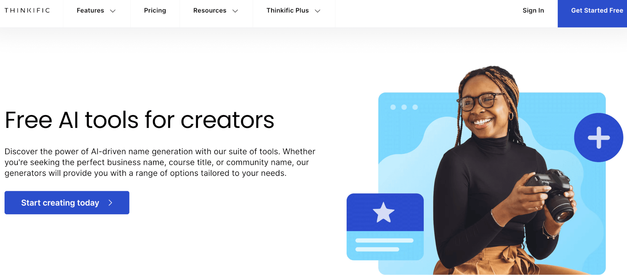 a screenshot of Thinkific's landing page showing a young woman holding a camera and smiling