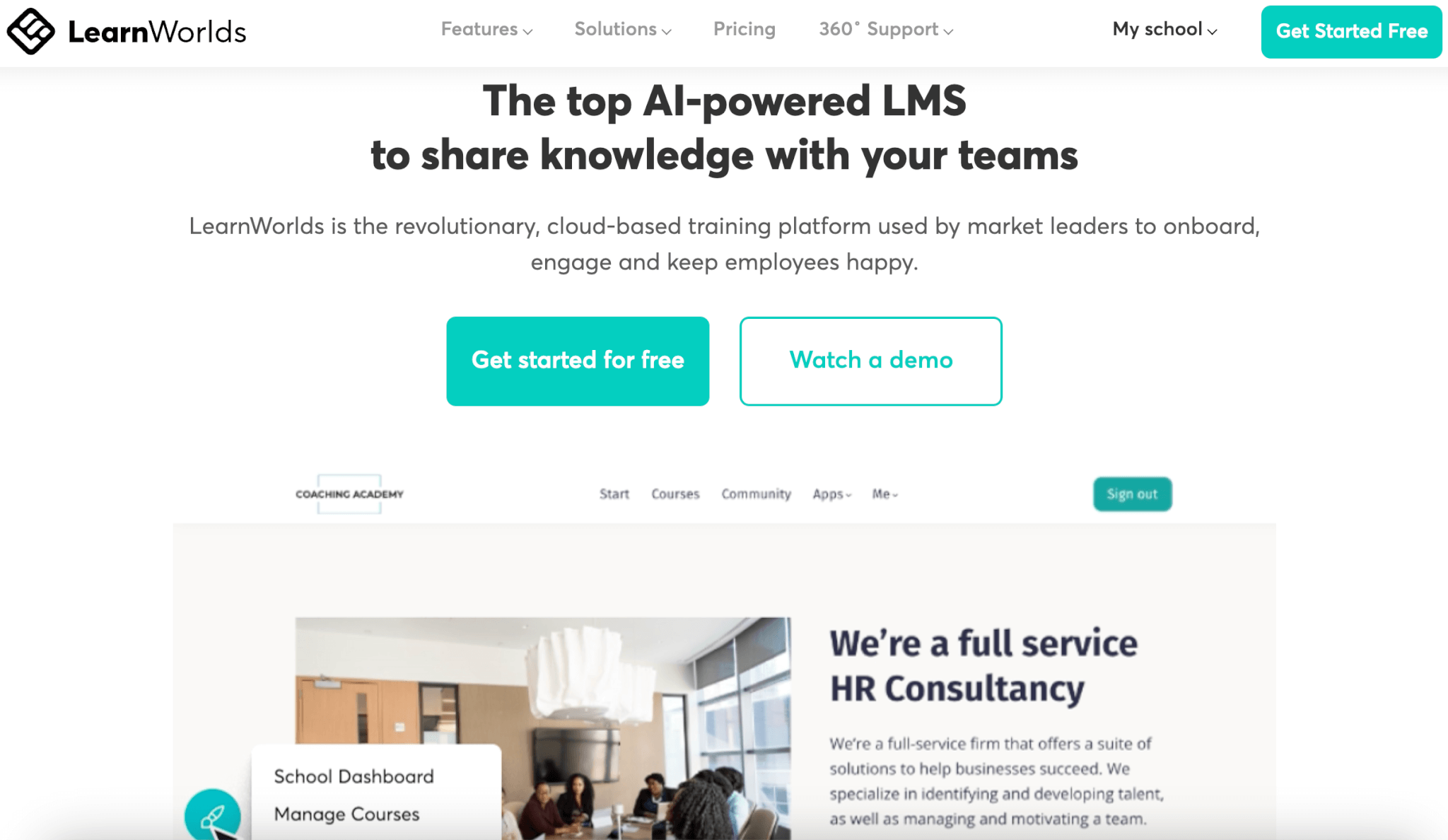 an image of LearnWorlds landing page showing a group of employee in a round table