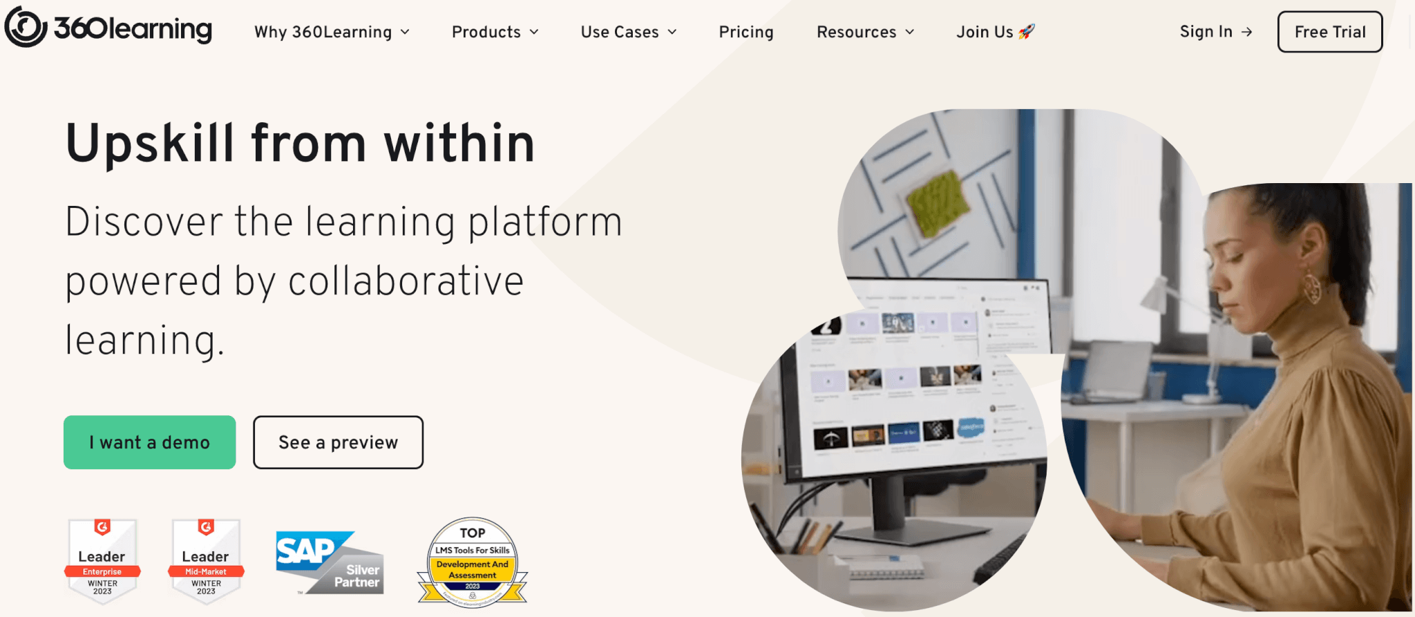 a screenshot of a 360Learning landing page showing a woman working at her desk
