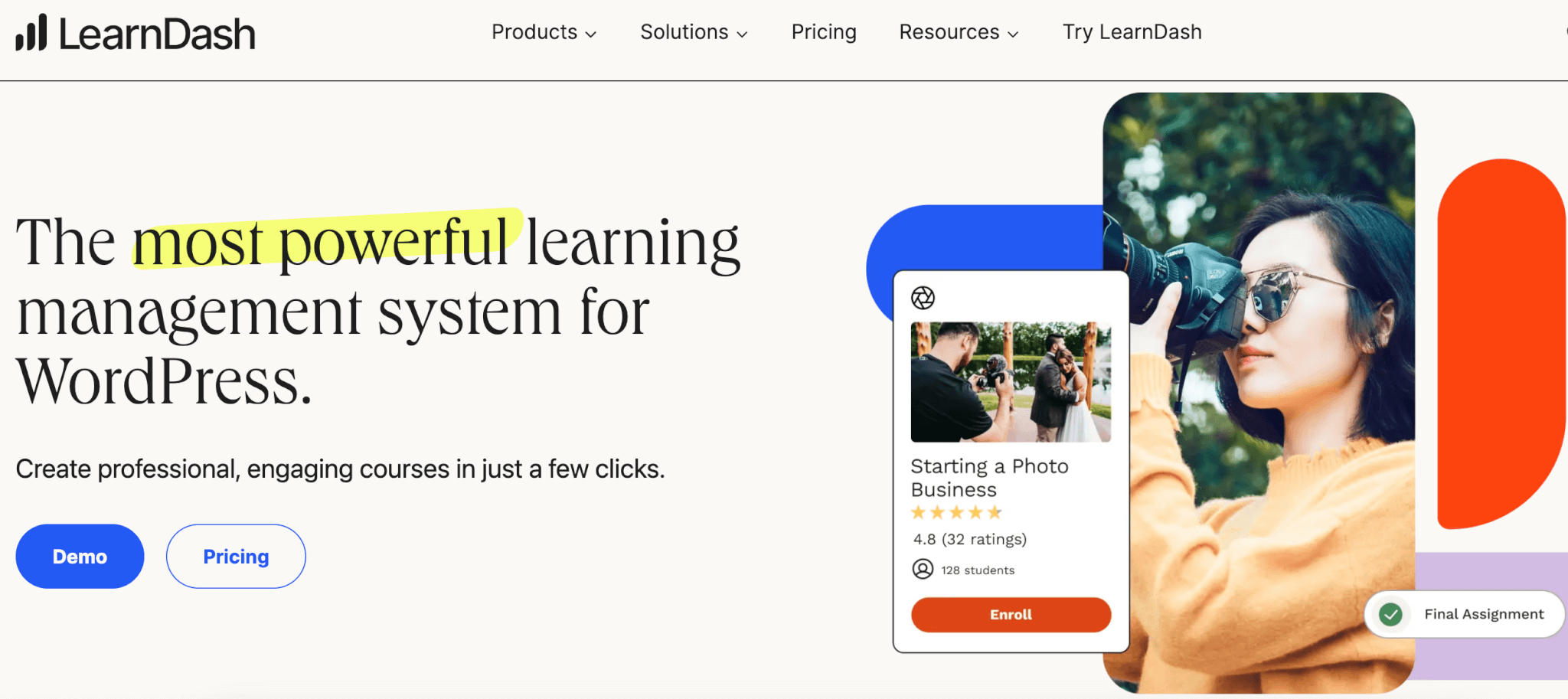 a screenshot of a Learndash landing page showing a young woman with a camera taking photos