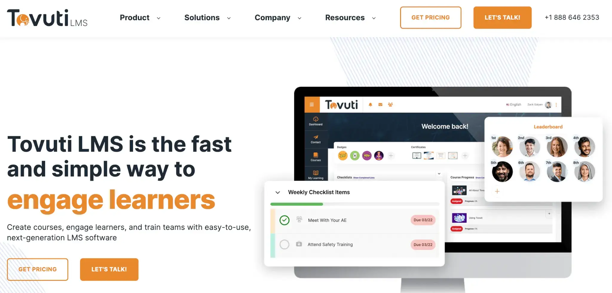 a screenshot of Tovuti LMS landing page showing the platform's admin UI