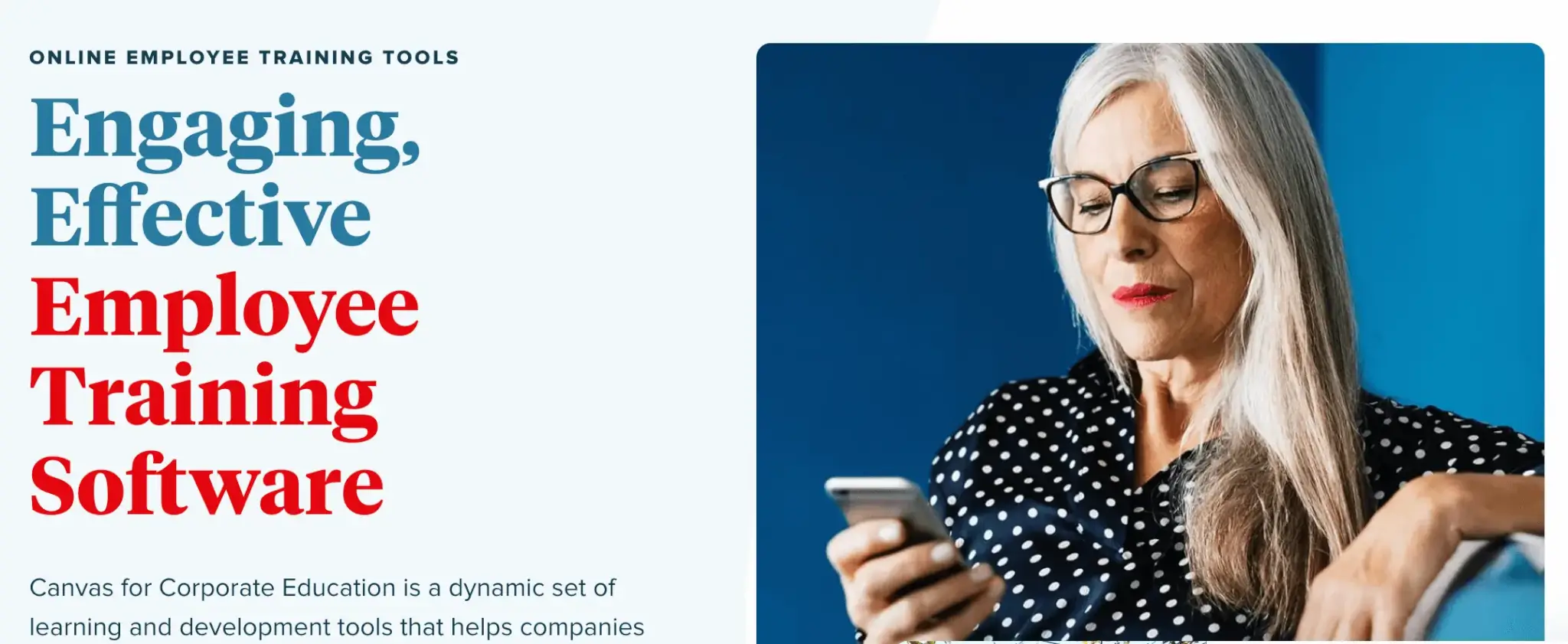 a screenshot of Canvas landing page showing a woman typing on her mobile phone