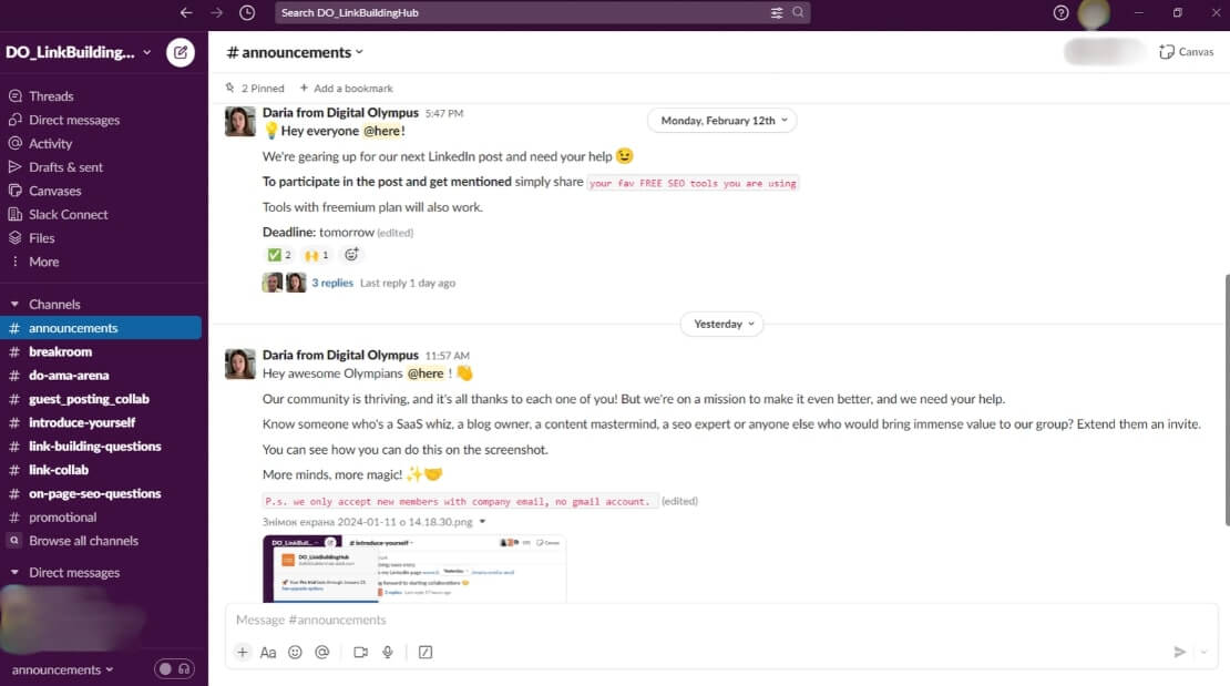A screenshot of Digital Olympus's community on Slack.
