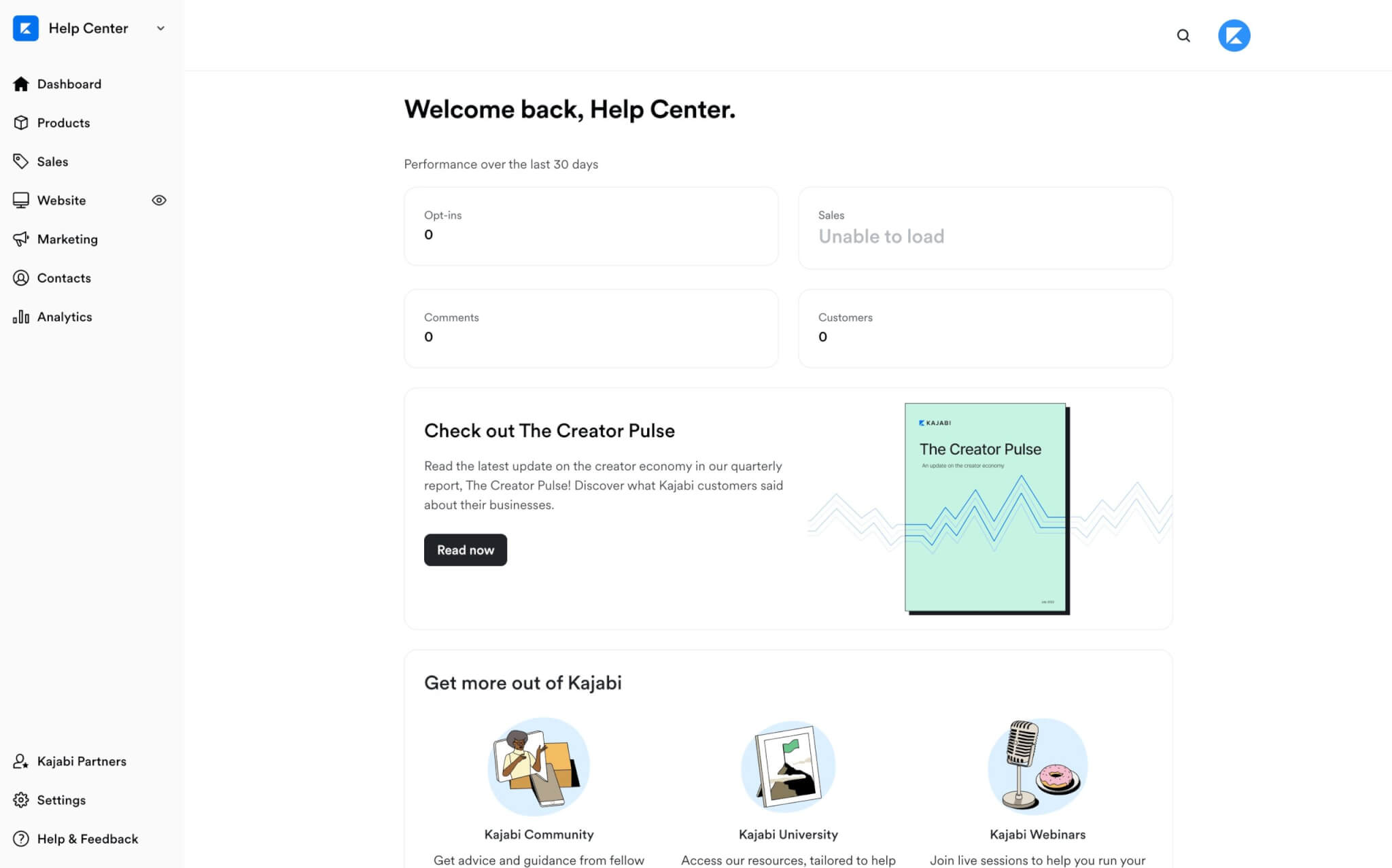 A screenshot of Kajabi's dashboard showing the main page.