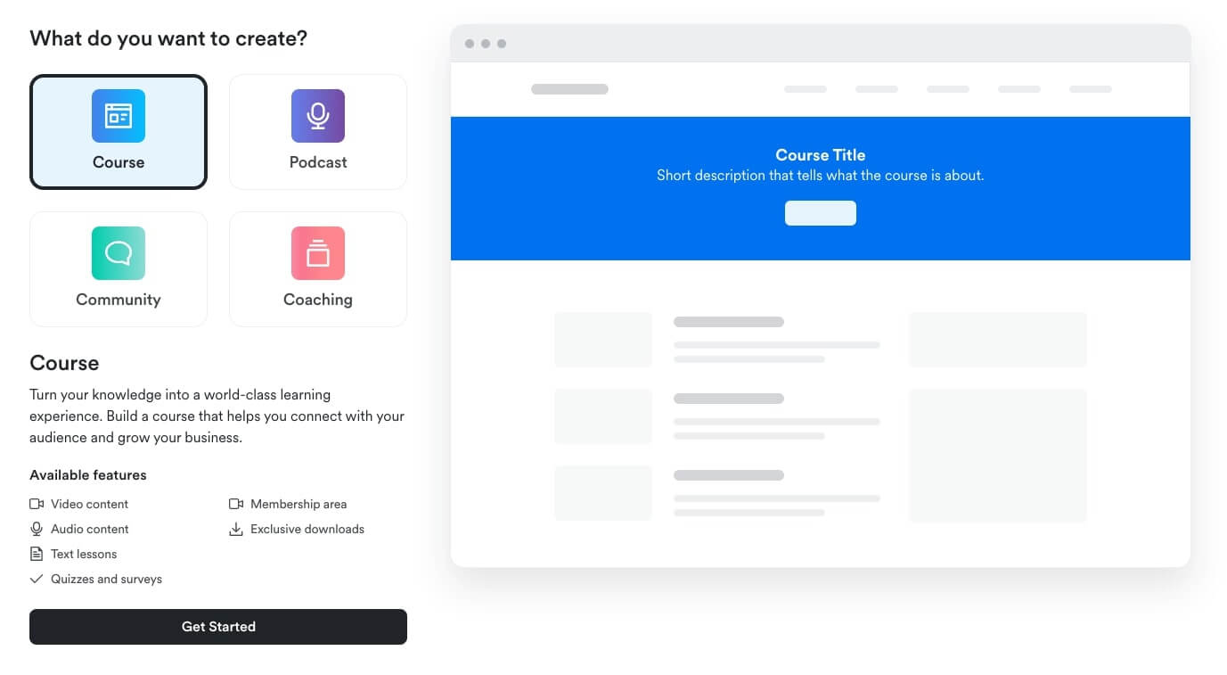 An image showing Kajabi's product selection process inside the platform.