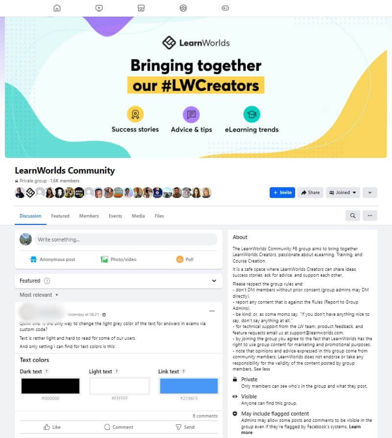 A screenshot of LearnWorlds' Facebook community.