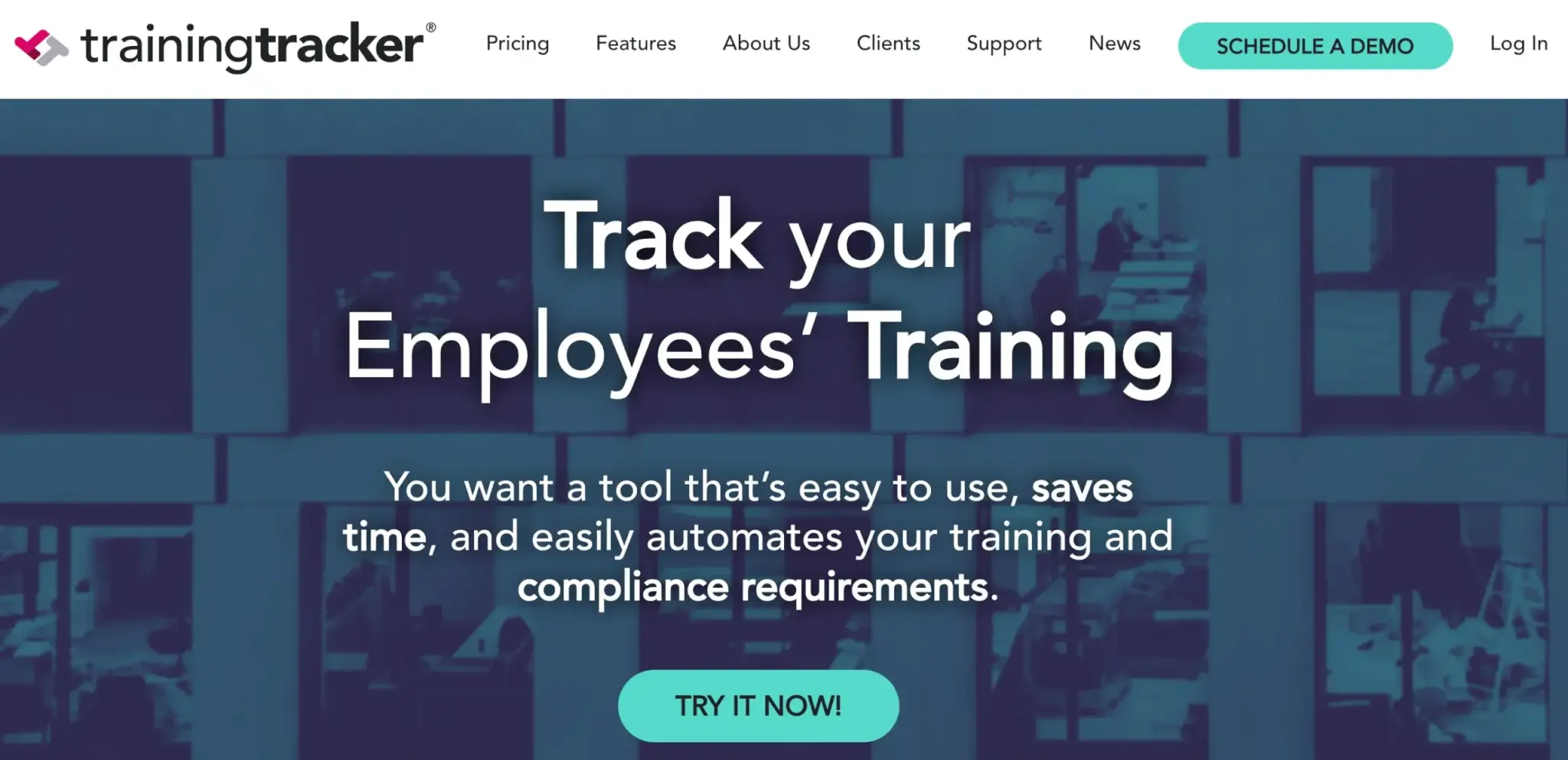 a screenshot of Training Tracker's landing page showing several workplace images in a dark background