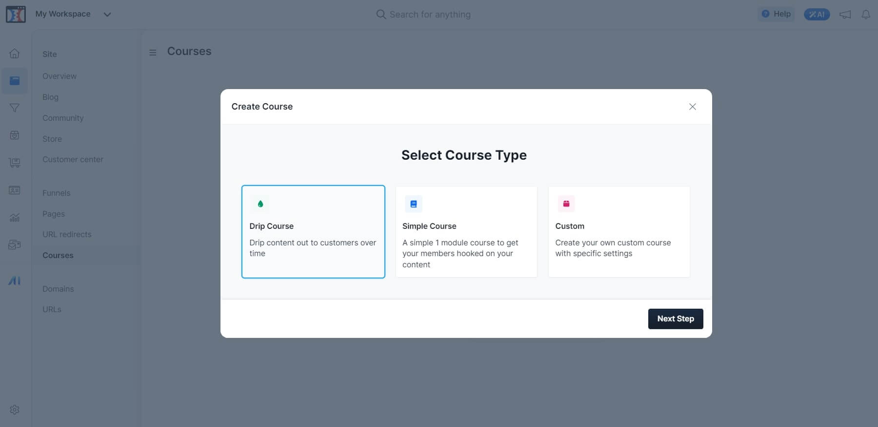 A screenshot showing ClickFunnels' course building and course type selection process.