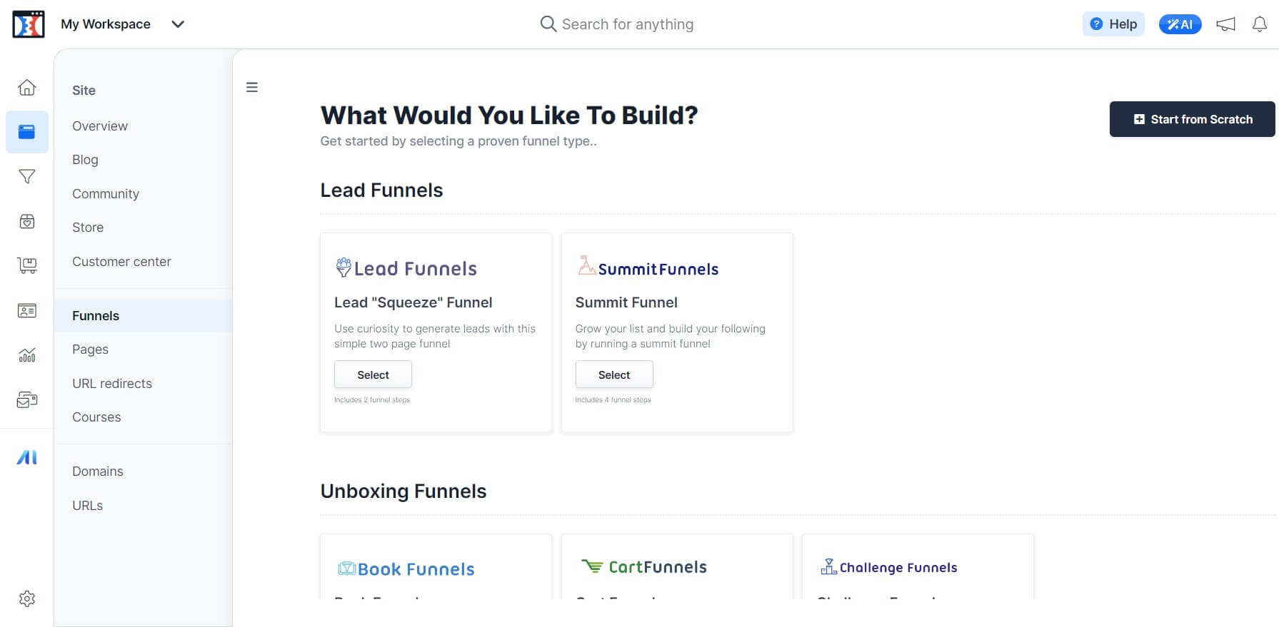 A screenshot of ClickFunnel's sales funnel creation page inside the dashboard.