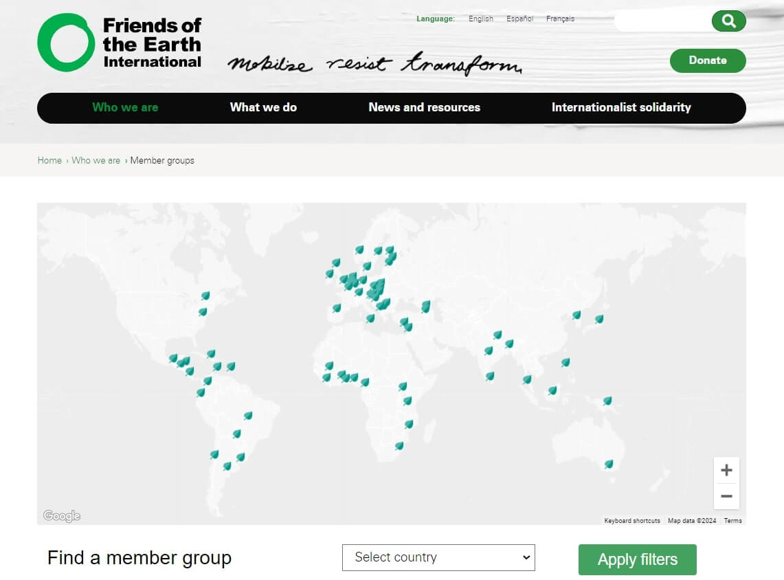 A screenshot of Friends of the Earth website.