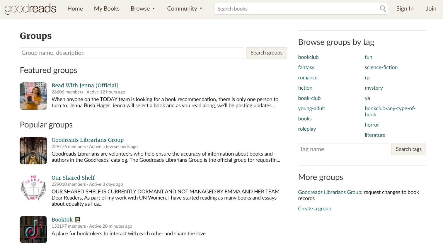 A screenshot of Goodreads' community groups page.