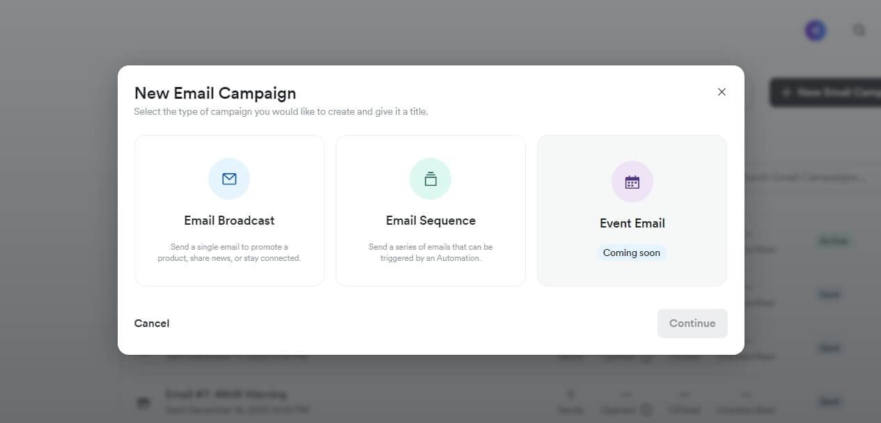 A screenshot of Kajabi's new email campaign creation process.