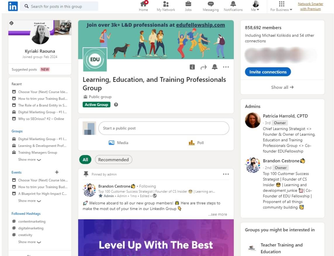 A screenshot of a community page on LinkedIn with the name 'Learning, Education, and Training Professionals Group.'