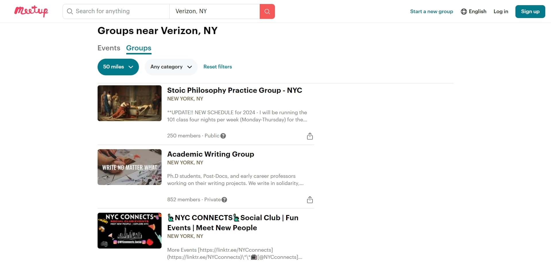 A screenshot of Meetup's Verizon, NY groups' page.