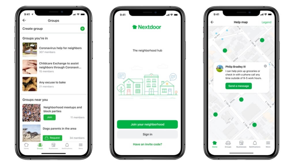 A picture showing three mobile screens featuring Nextdoor's community app.