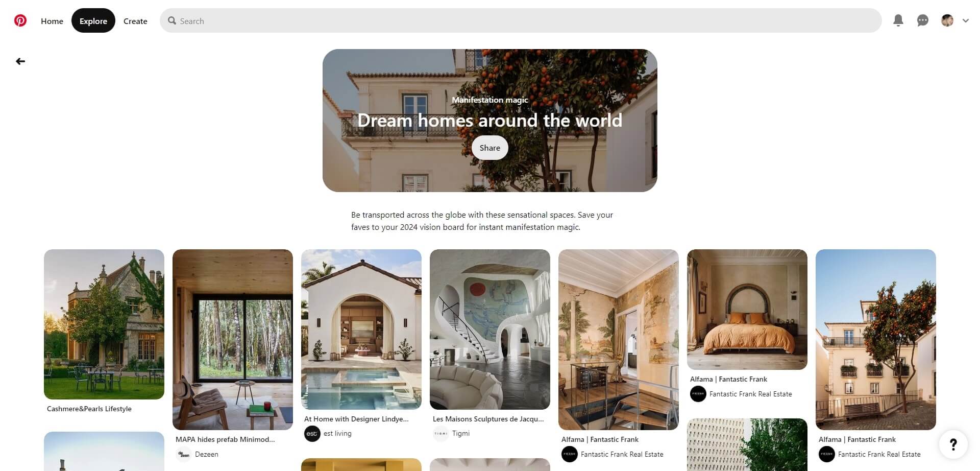A screenshot of a Pinterest board featuring small pictures of dream homes around the world.
