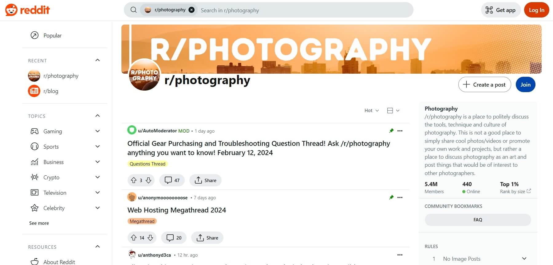 A screenshot of a photography community page on Reddit.